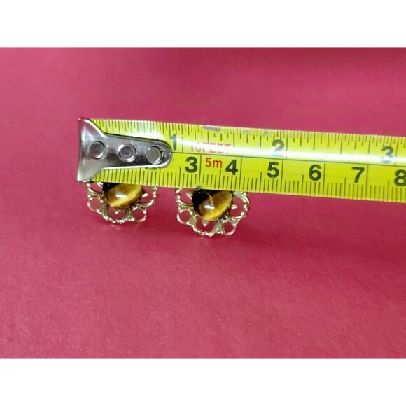 Vintage Tigers Eye Cabochon Flower Earrings Gold Tone Filigree Screw Back Glass - Picture 2 of 10